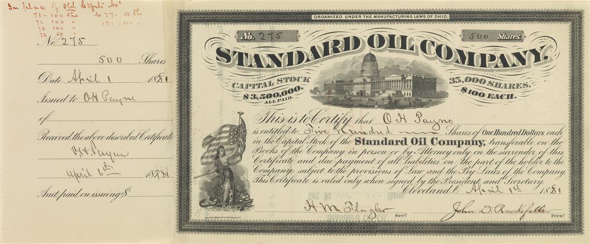 (BUSINESS.) ROCKEFELLER, JOHN D. Partly-printed Document Signed, as President of Standard Oil Company,